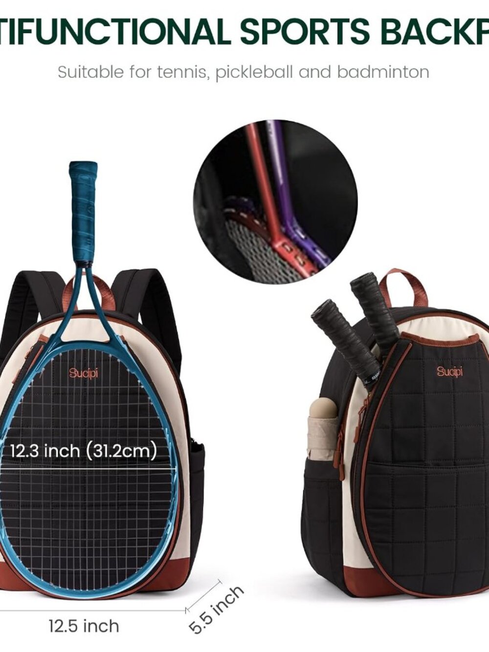 Tennis Bags for Women, Lightweight Quilted Tennis Racket Bag, Large Capacity Ten - Picture 3 of 6